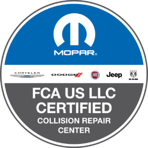 Logo of FCA US LLC Certified Collision Repair Center, with a circular design featuring the Mopar logo on a blue background at the top, followed by Chrysler, Dodge, Fiat, Jeep, and Ram logos on a white stripe, and the certification title in bold white letters on a black background at the bottom