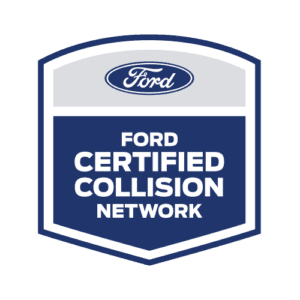 "Logo of Ford Certified Collision Network, featuring a shield shape with the Ford logo at the top and the words 'Certified Collision Network' in bold letters on a blue background."