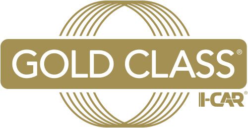 Logo of I-CAR Gold Class certification, featuring a metallic gold color scheme with two concentric circles and the words 'GOLD CLASS' prominently displayed in the center on a matching gold rectangle, with the I-CAR® logo to the right