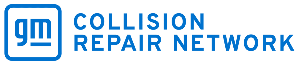 Logo of GM Collision Repair Network, featuring the GM logo inside a square outline to the left, followed by the words 'COLLISION REPAIR NETWORK' in bold uppercase letters, all in a blue color scheme